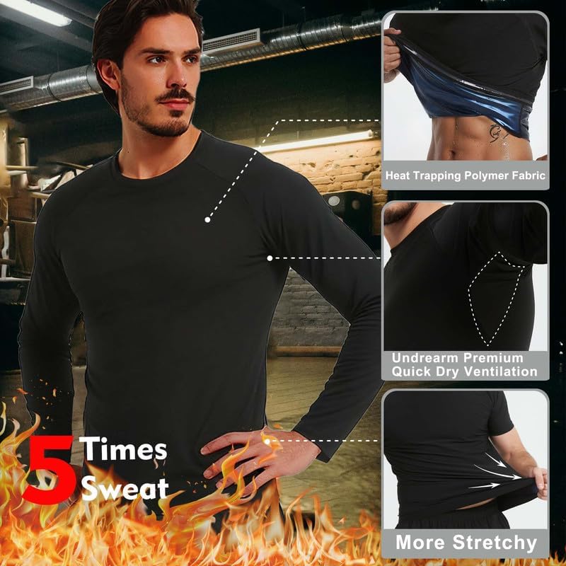 FEVOHOT Sauna Shirt for Men Weight Loss Long Sleeve Slimming Sweat Sauna Suit Heat Trapping Compression Workout Body Shaper - Image 3